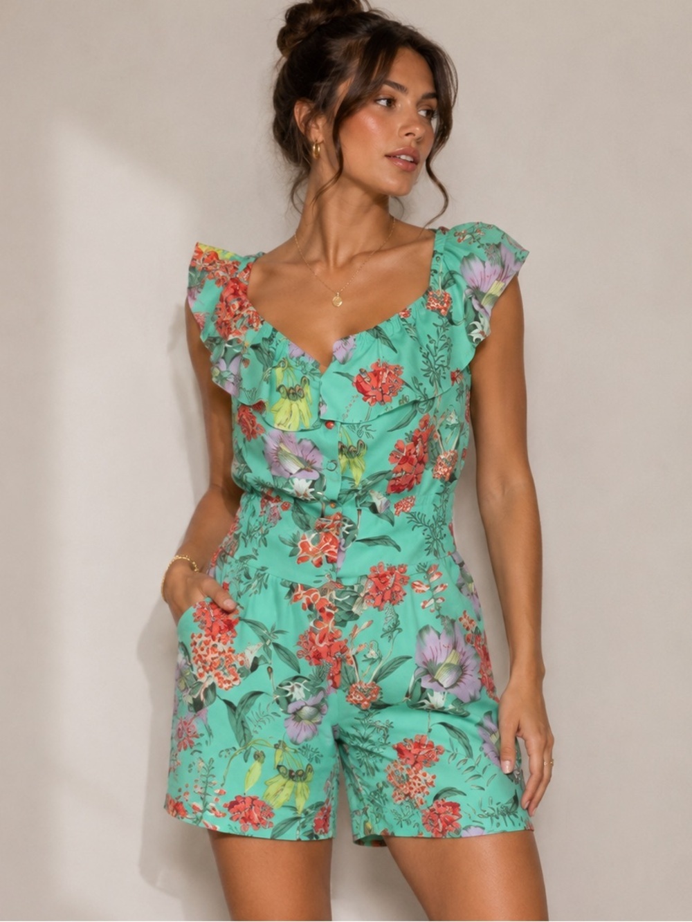Decree Mint Green Floral Ruffle Romper Women’s XL